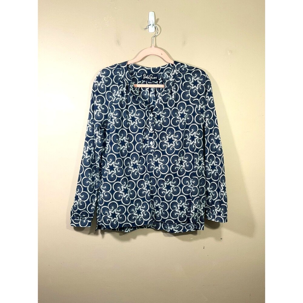 Lesley Evers Geometric Swirl Star Popover Shirt Womens M Blue Boho Coastal Artsy